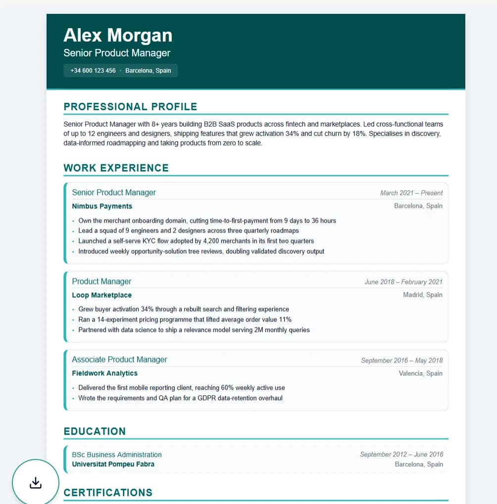 Resume rendered as a PDF next to its Download button