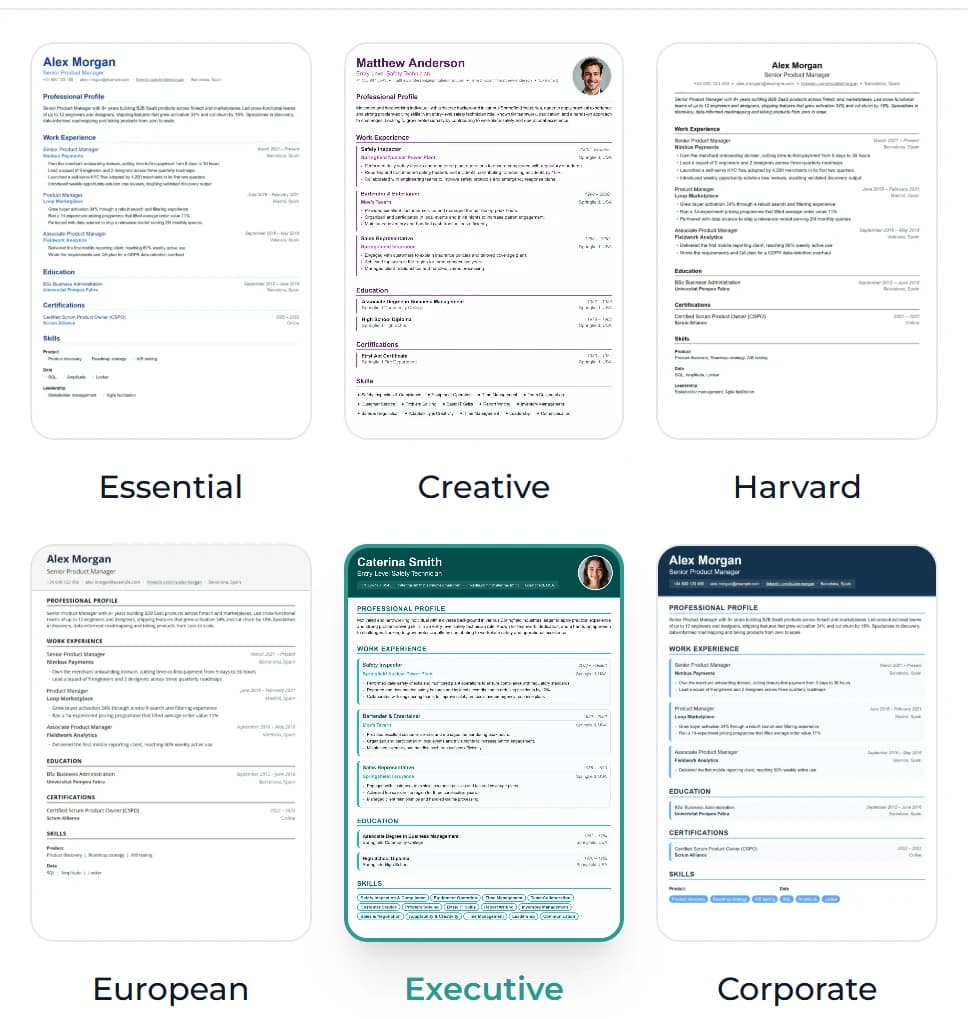 The six resume templates side by side: Essential, Creative, Harvard, European, Executive and Corporate