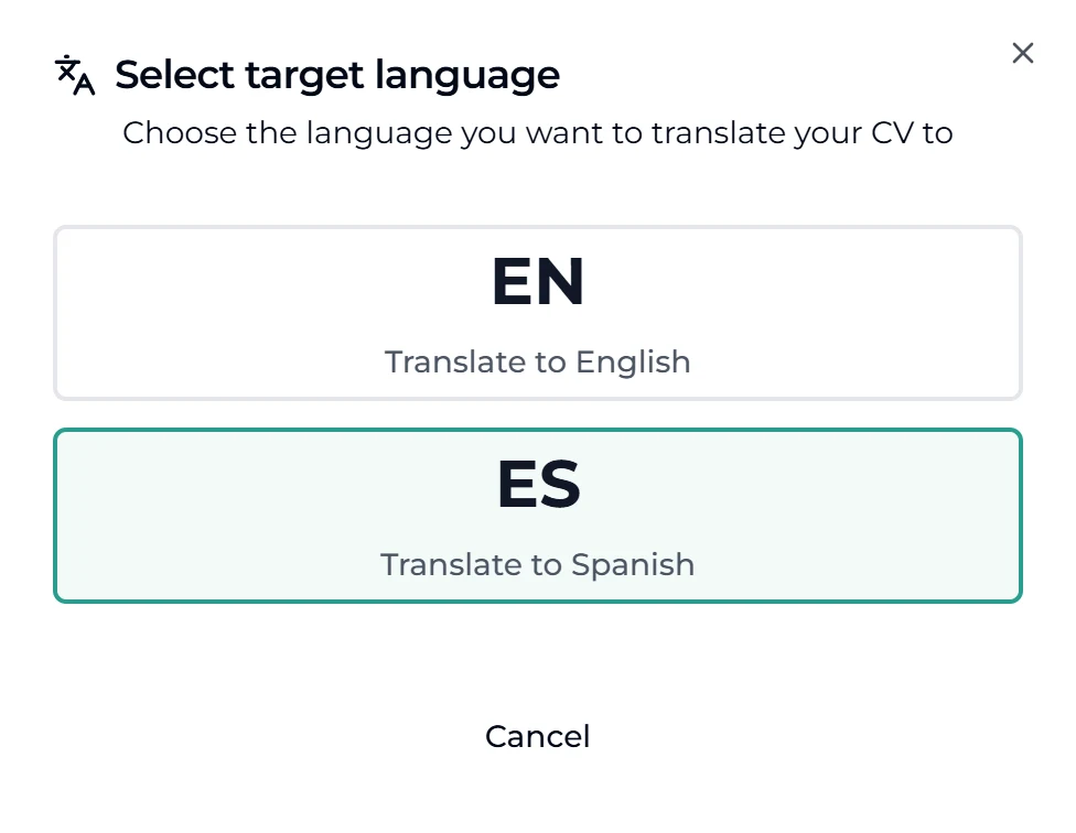 Language selection dialog for translating a resume between English and Spanish