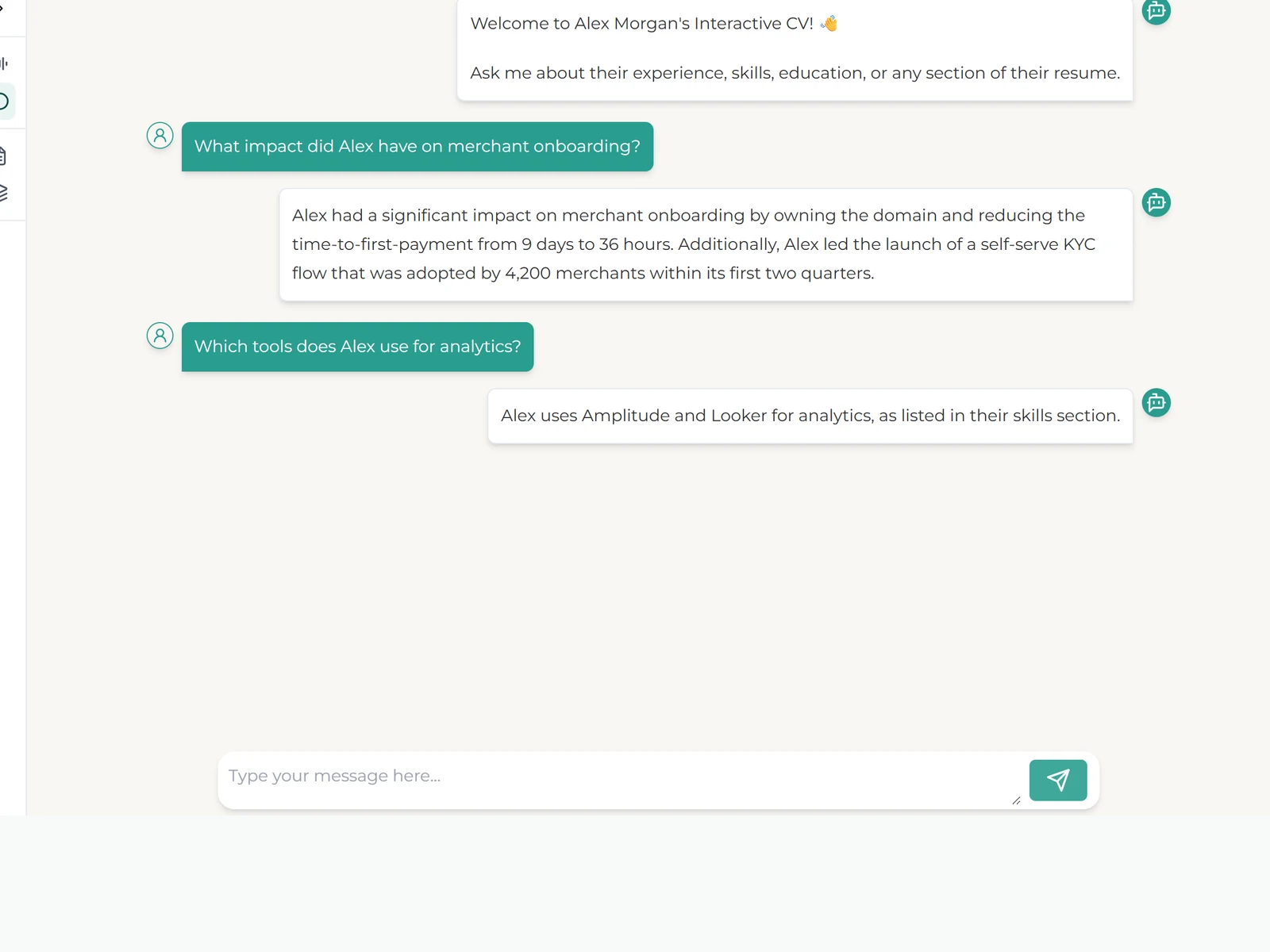 Chat and voice interface with the interactive resume template