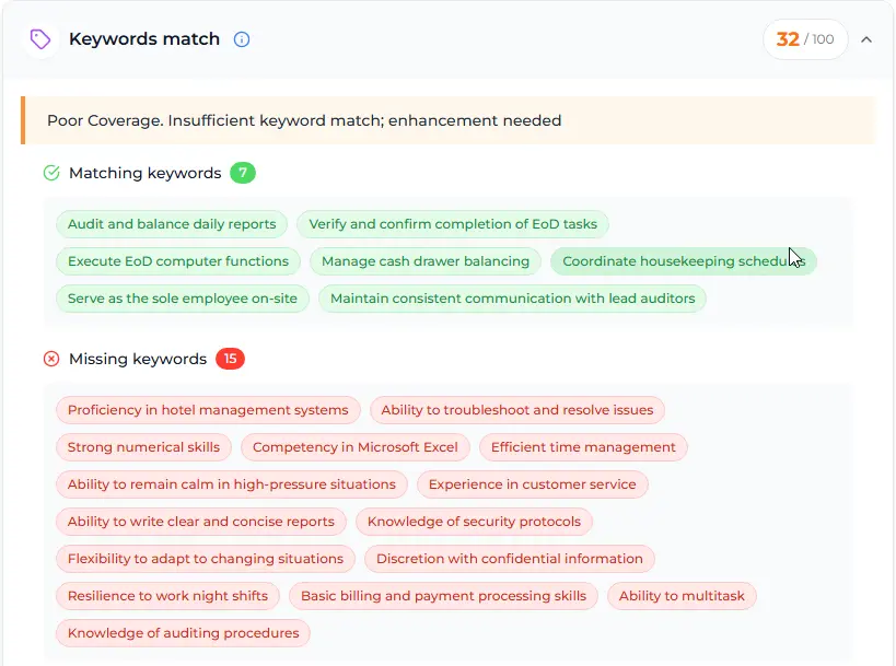 ATS keyword optimization interface with highlighted terms