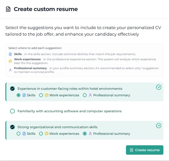 One-click resume enhancement interface with section selector