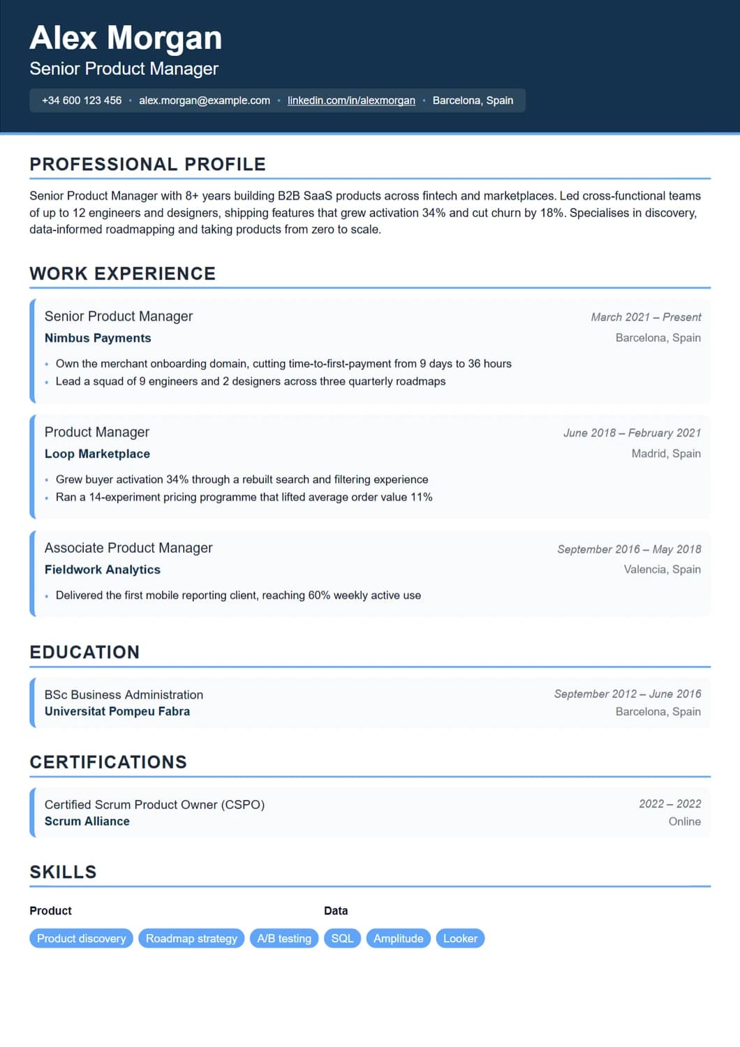 CV generated with a corporate template in Interactive CV
