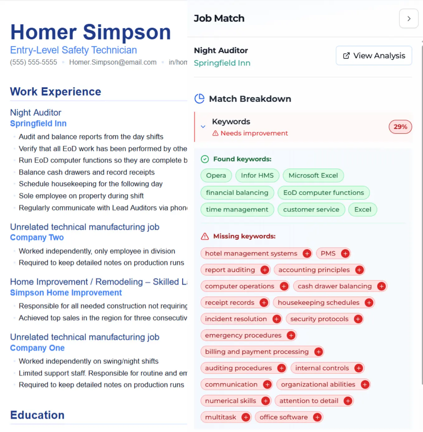 Add keywords, skills, and improvements directly in the editor with one click.