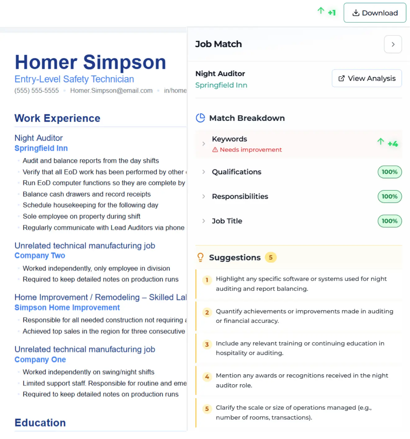 See your job match percentage increase automatically as you apply each suggestion.