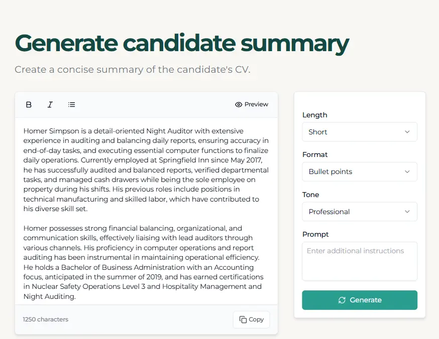 Recruiters can generate a summary of your resume to get a quick overview of your profile.